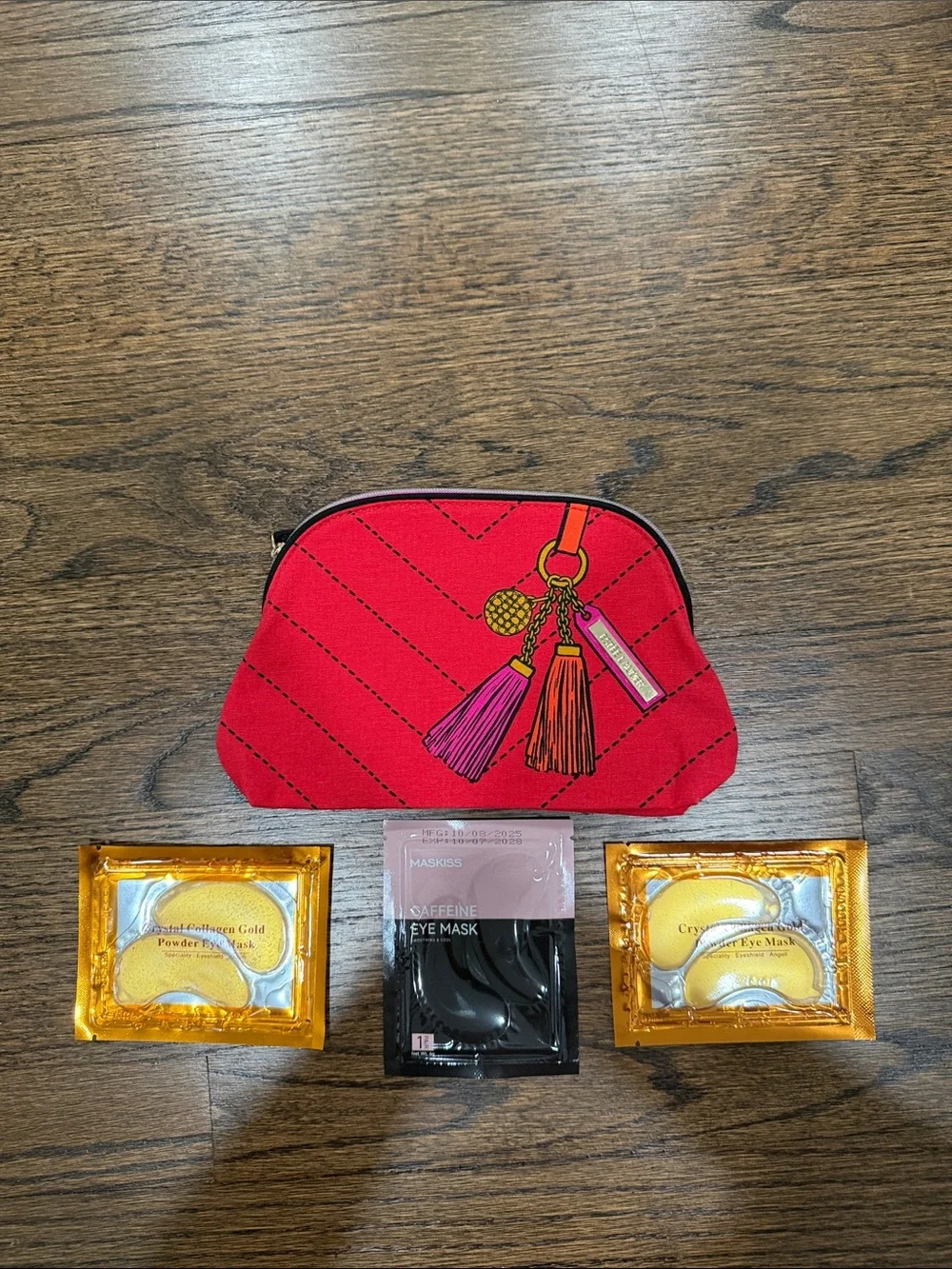 Estee Lauder Red Tassel Cosmetic Pouch with Charm Print and three pairs eye mask